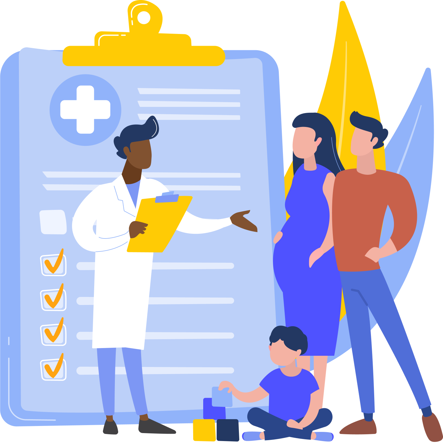 Doctor standing with a medical chart talking to a family.